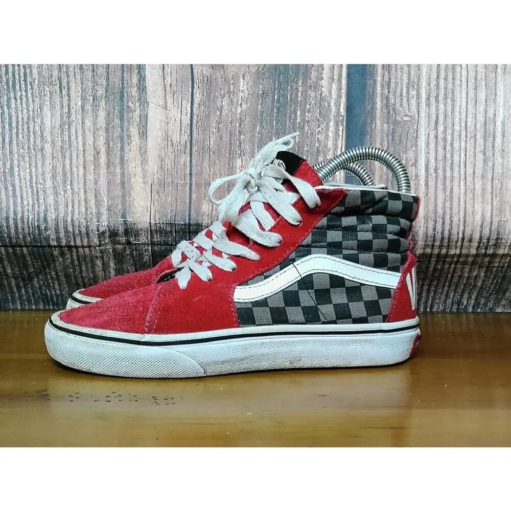 Vans Sk8-Hi Kids High Top Red/Gray Checkerboard‎ Size 3Y